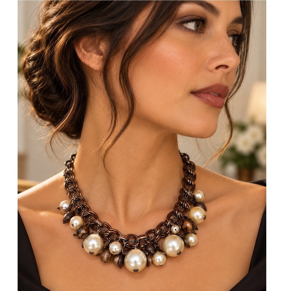 Bib Necklace Womens 18In Bronze Faux Pearl Cluster Strand Ornate  Statement